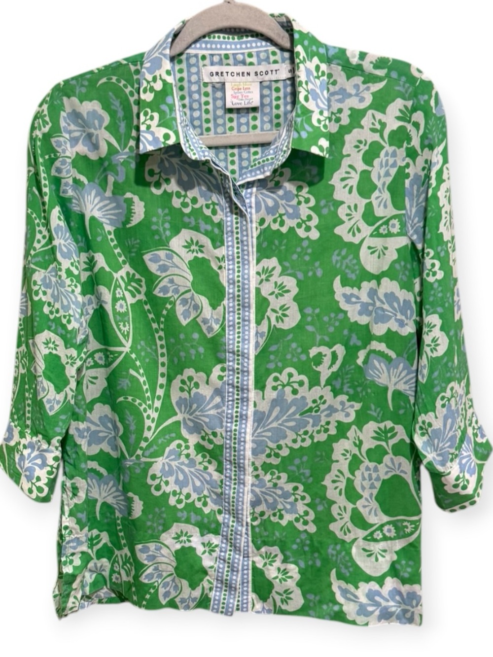 Gretchen Scott Green Blue Floral Paisley Button Down Cotton Shirt Size S